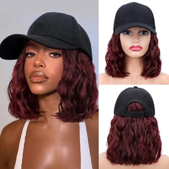 Stylish Black Cap with Burgundy Hair Wig - Picture 1 of 10